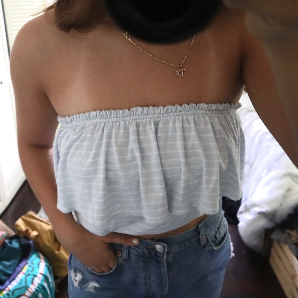 Cute Baby Blue Striped Strapless Loose Tube Top - Picture 2 of 5